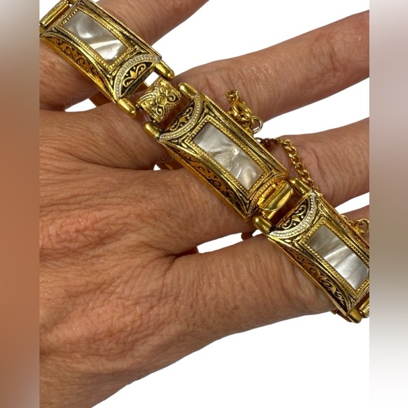 Vintage Gold Spanish Damascene Linked Panels Bracelet mother of pearl - Picture 1 of 3